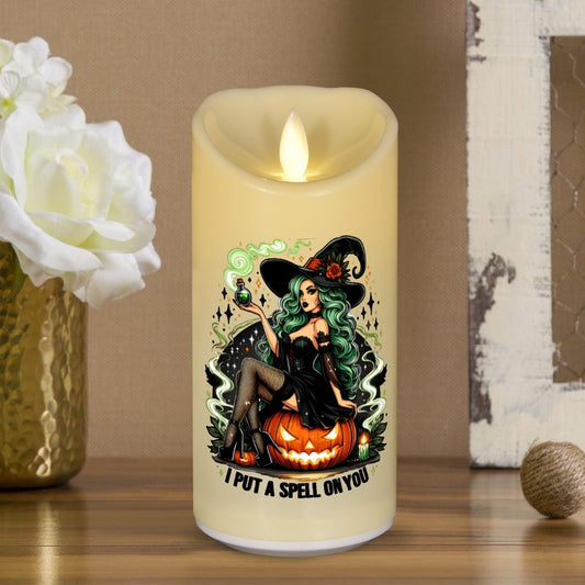 Spell Witch & Pumpkin Gothic Halloween Flameless LED Candle-MoonChildWorld