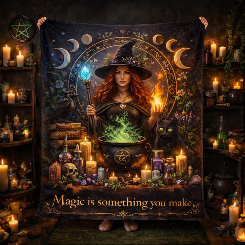 Spellbinding Witch Blanket with Moon Phase, Black Cat, Halloween Cauldron for Wiccan-MoonChildWorld