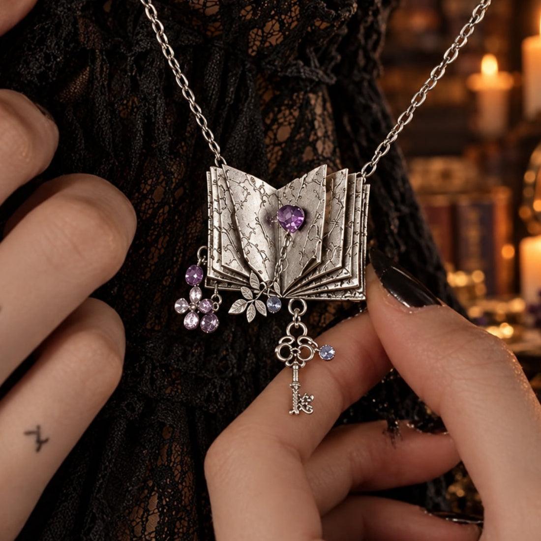 Spellbook & Key Pendant Necklace - Witchy Dark Academia Jewelry, dark witchy scene, view 2