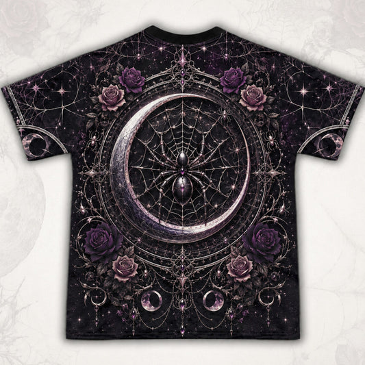 Spider Web Moon Witch T-Shirt Purple Crescent Gothic Tee back view