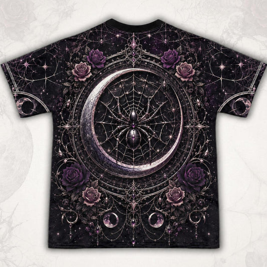 Spider Web Moon Witch T-Shirt Purple Crescent Gothic Tee back view
