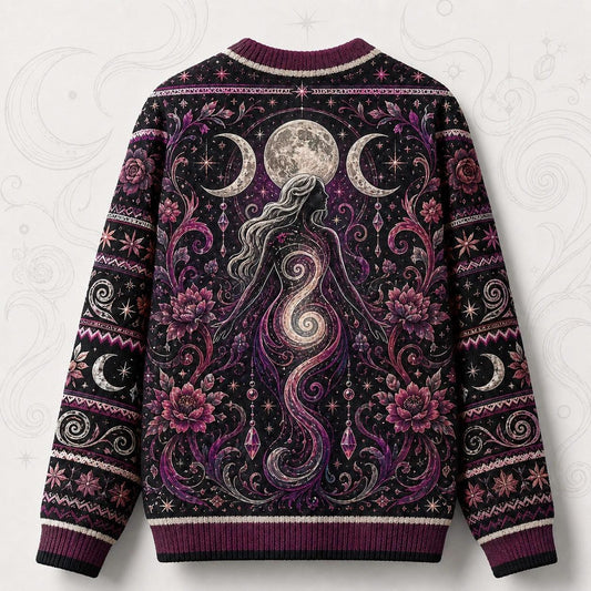 Spiral Goddess Sweater Rose Moon Phases Magenta Wiccan Knit back view