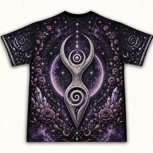 Spiral Goddess T-Shirt Purple Rose Crystal Wiccan Divine Tee back view