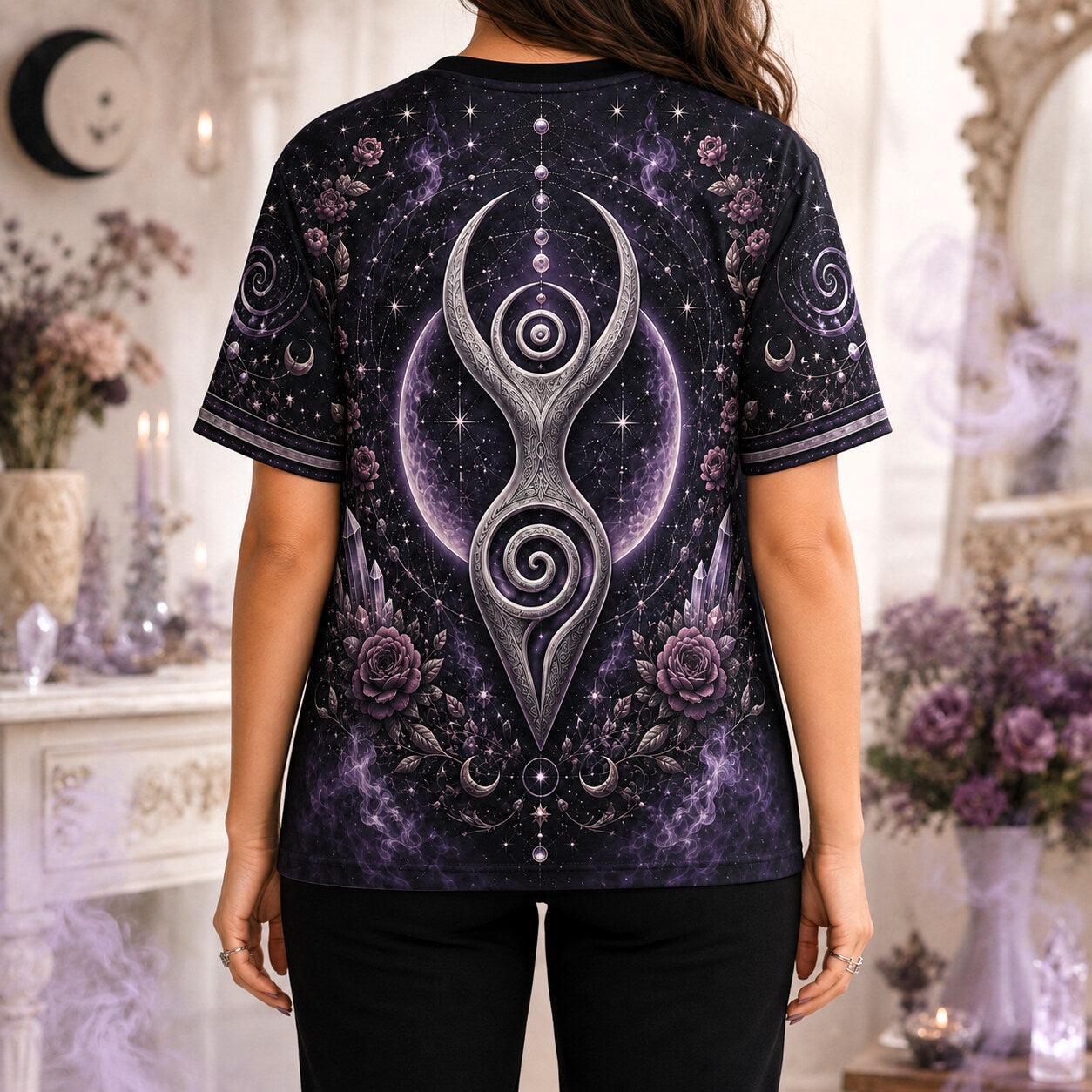 Spiral Goddess T-Shirt Purple Rose Crystal Wiccan Divine Tee worn, back view