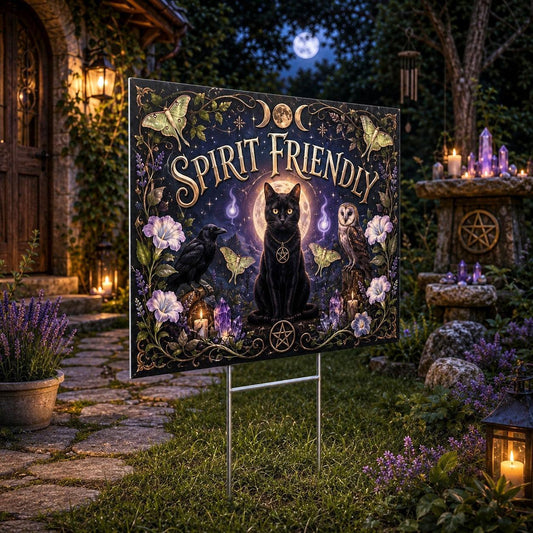 Spirit Black Cat Raven Owl Familiars Yard Sign - close up detail