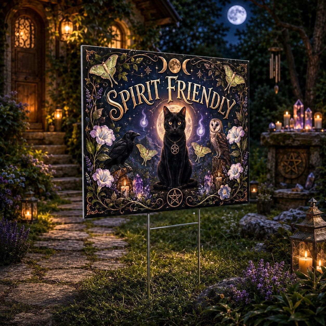 Spirit Black Cat Raven Owl Familiars Yard Sign - garden display