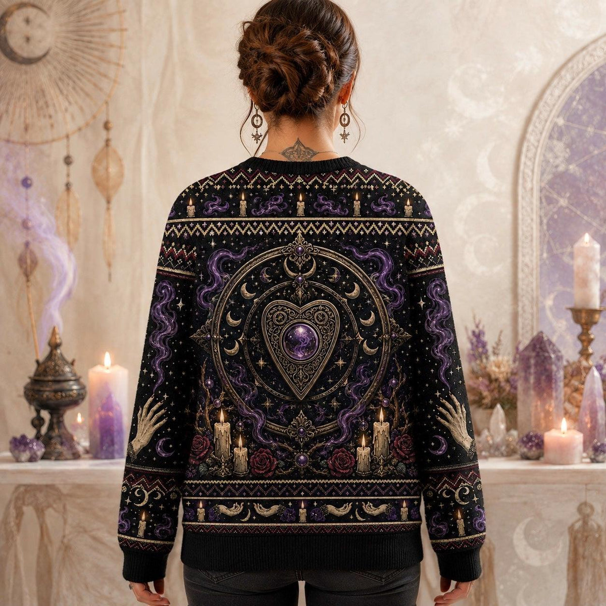 Spirit Board Sweater Pale Hands Candle Rose Purple Knit worn, back view
