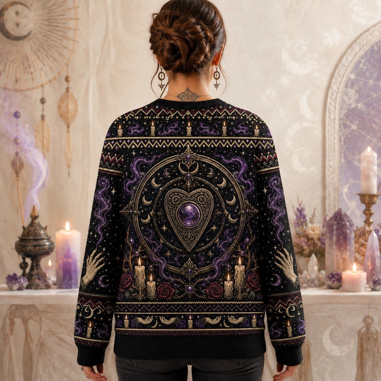 Spirit Board Sweater Pale Hands Candle Rose Purple Knit worn, back view