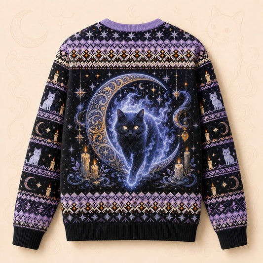 Spirit Cat Sweater Crystal Ball Ghost Cat Lavender Knit back view