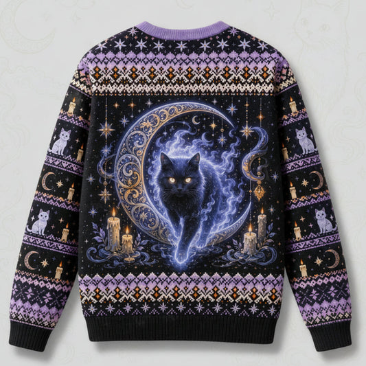 Spirit Cat Sweater Crystal Ball Ghost Cat Lavender Knit back view