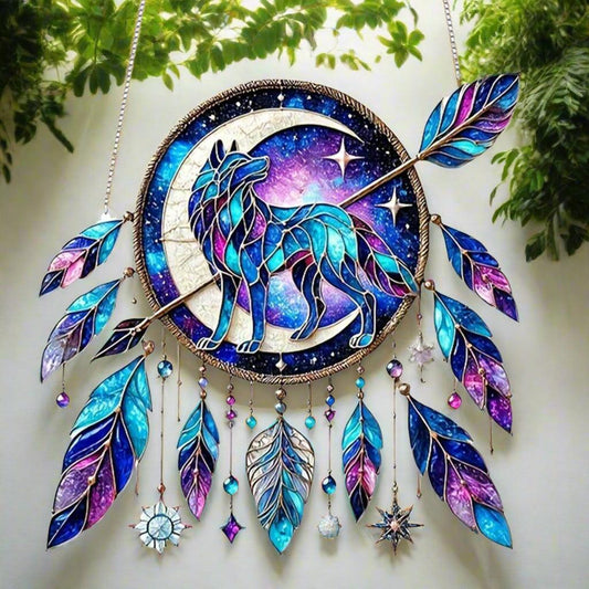 Spirit Wolf Suncatcher - Feather Wolf Acrylic Sign Boho Window Decor-MoonChildWorld