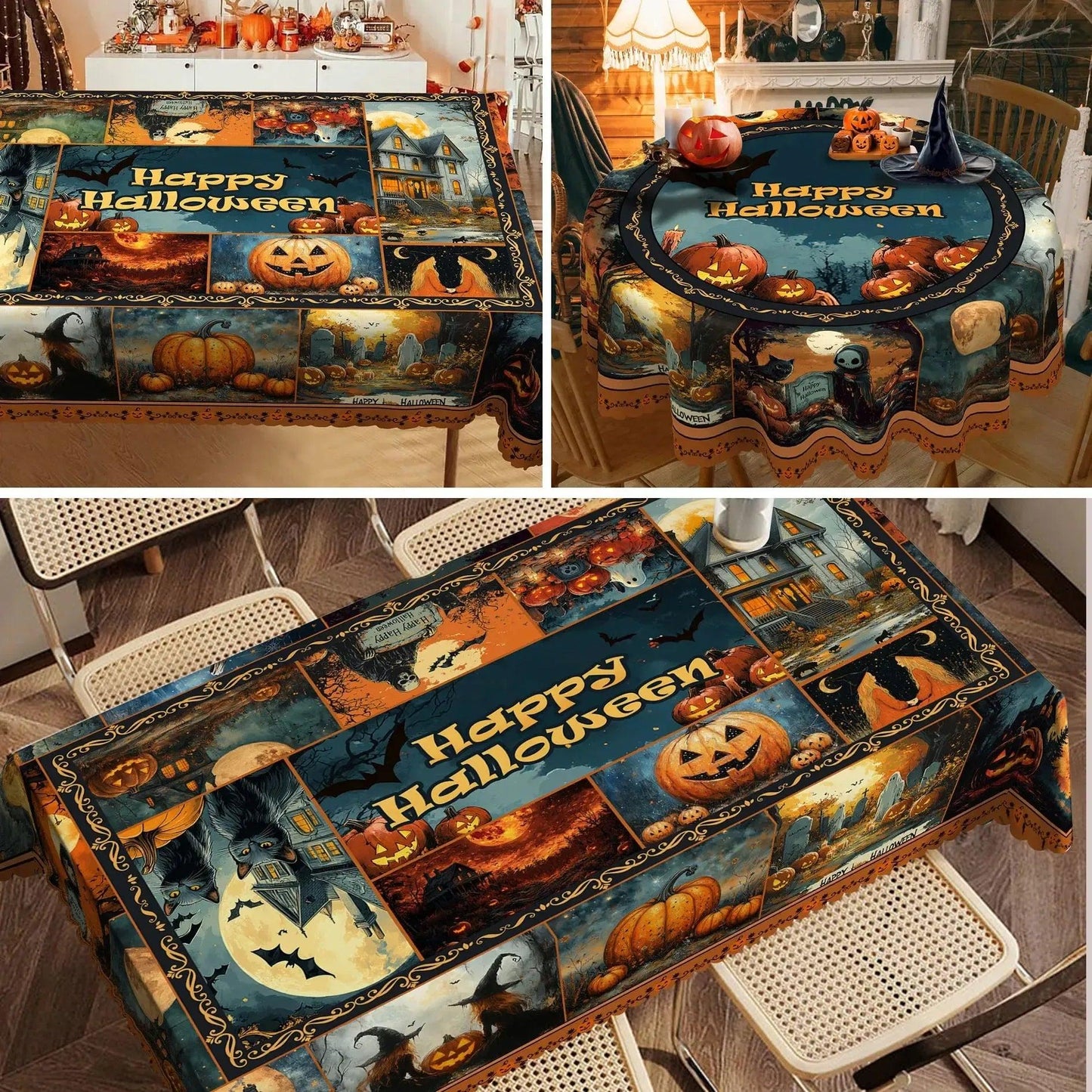 Spooky Pumpkin Haunted House Gothic Halloween Tablecloth - Witch Tablecloth Table Decoration-MoonChildWorld