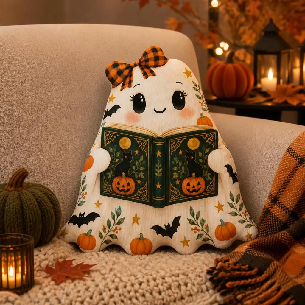 Styled room view: decorative plush pillow featuring ghost book-lover artwork