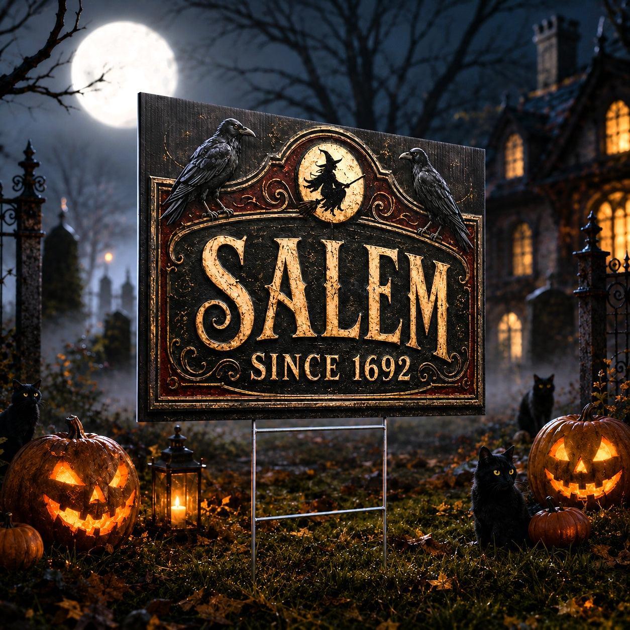 Spooky Witch Raven Salem Halloween Yard Sign - porch scene