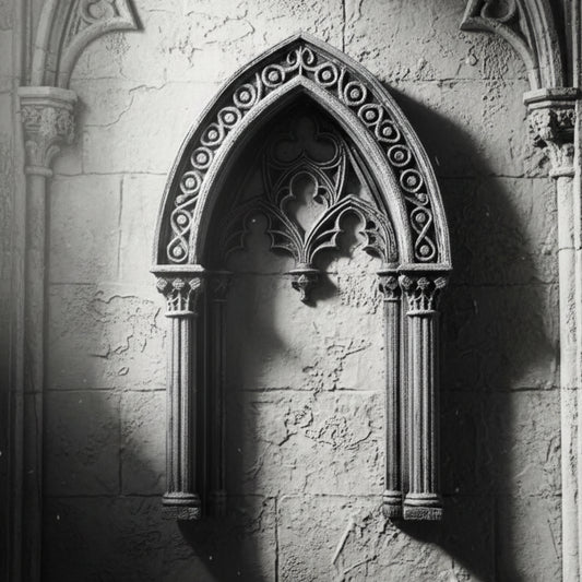Ruin style arch window – weathered stone finish detail