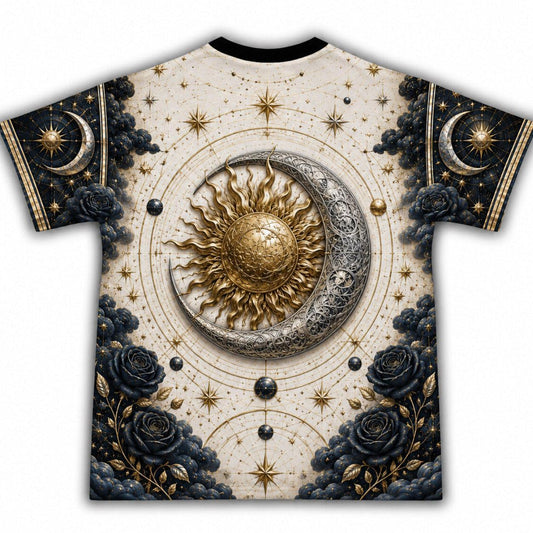 Sun And Moon T-Shirt Navy Rose Celestial Gold Silver Tee back view