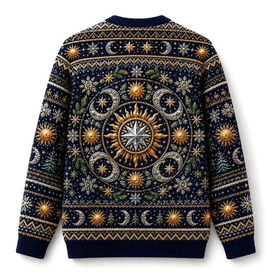 Sun And Moon Sweater Astrolabe Celestial Navy Gold Knit back view