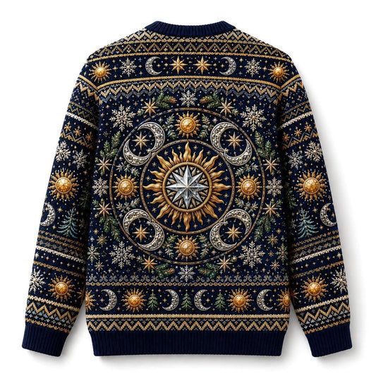 Sun And Moon Sweater Astrolabe Celestial Navy Gold Knit back view