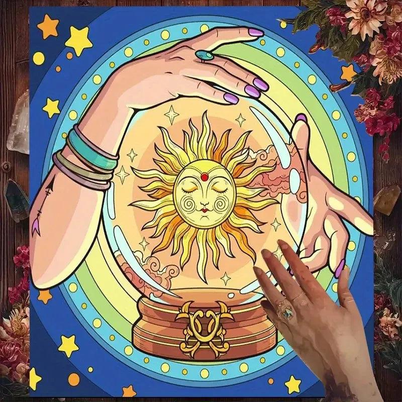 Sun Guardian Crystal Ball Witch Tarot Tablecloth – Mystical Altar Cloth for Divination, Meditation-MoonChildWorld