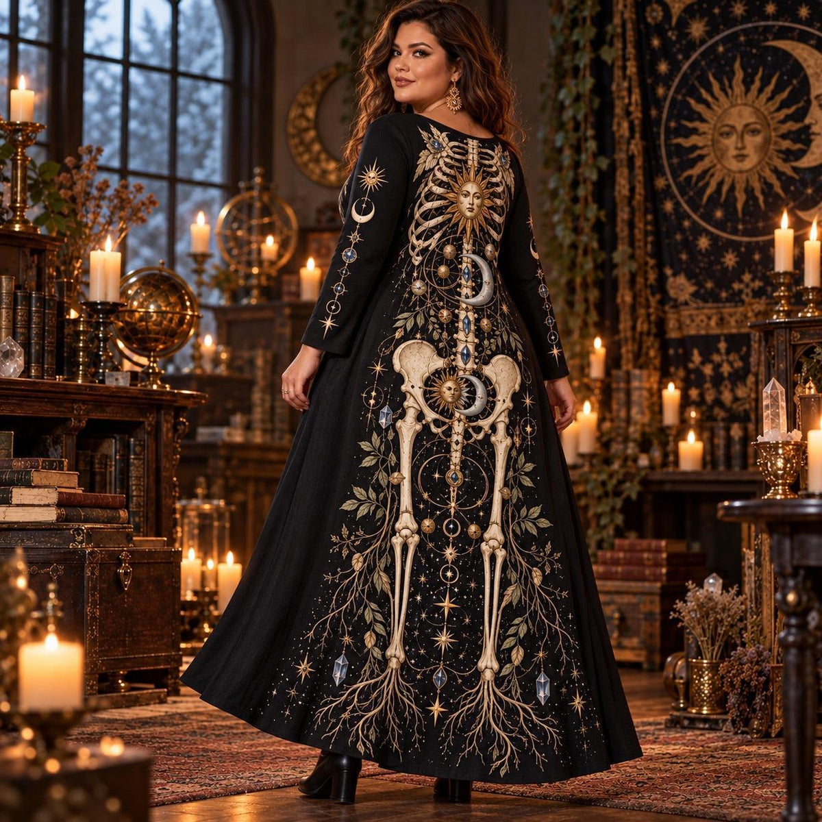 Sun Moon Alchemist Plus Size Witch Dress – Gothic Long Sleeve Maxi – worn, three quarter view