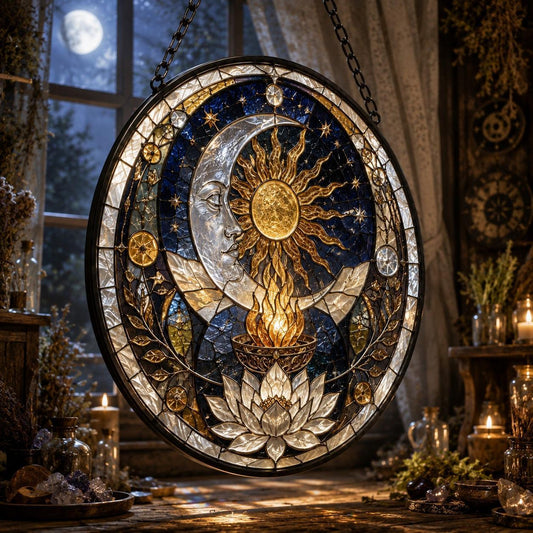 Sun Moon Altar Circle Glass Suncatcher - hanging view