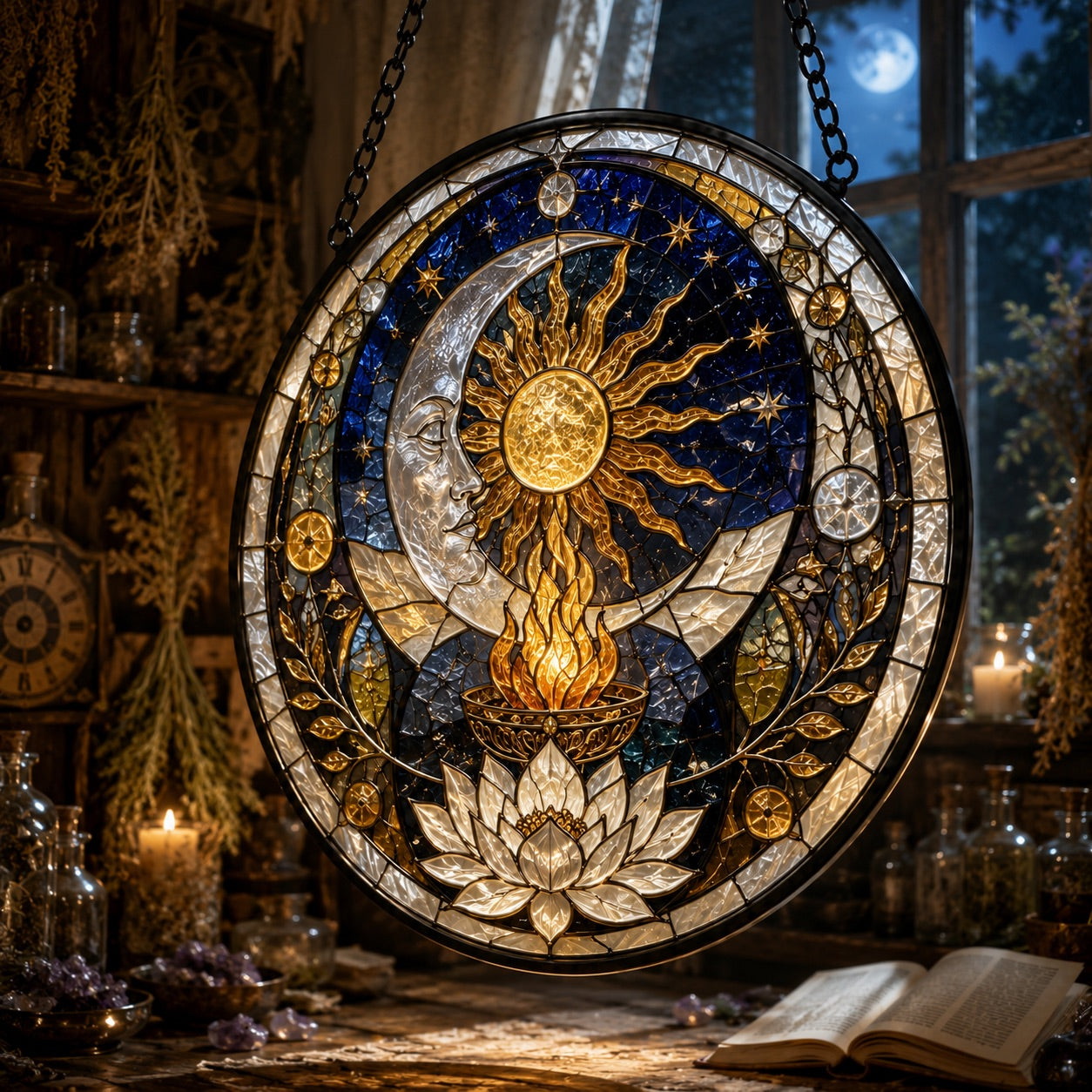 Sun Moon Altar Circle Glass Suncatcher - close up detail