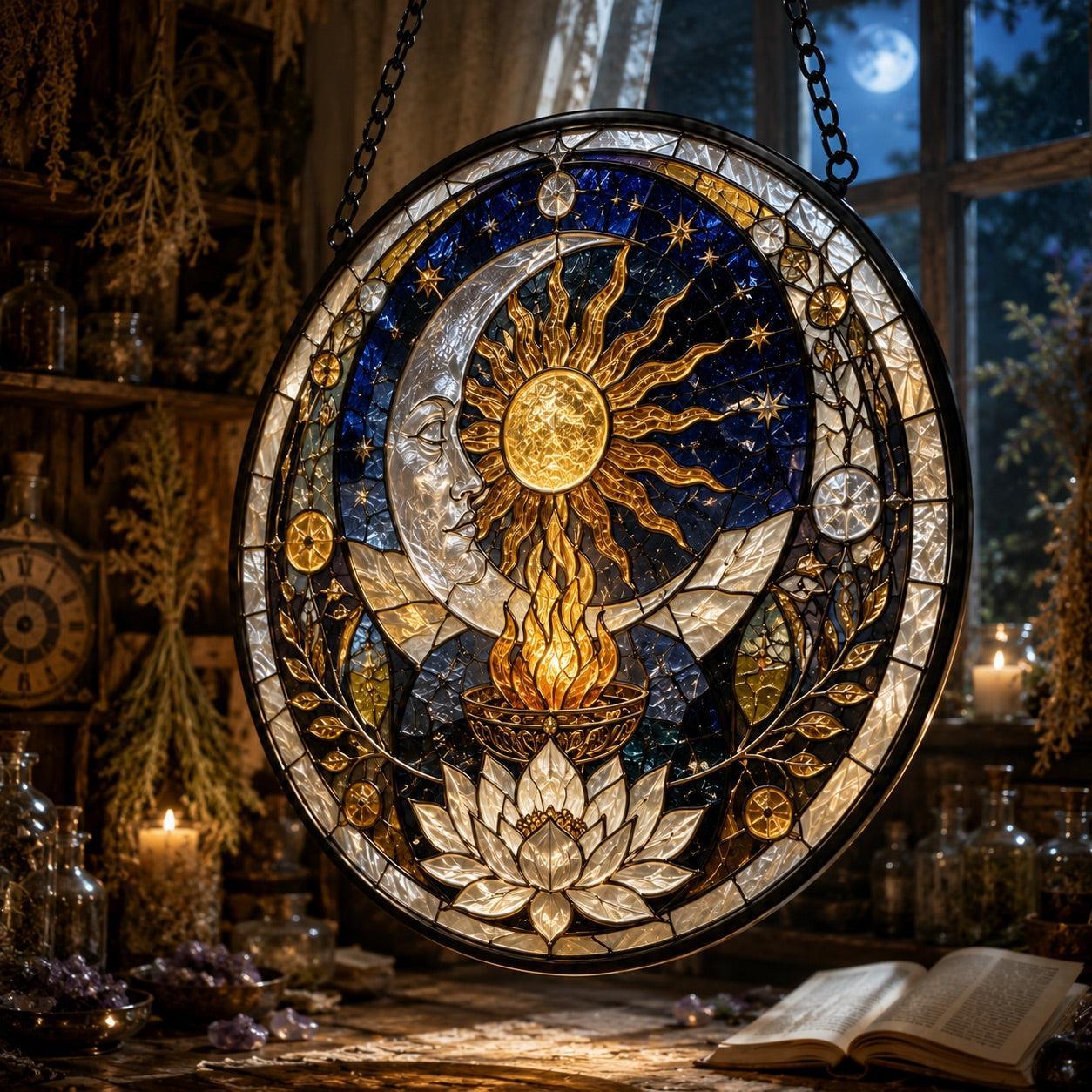 Sun Moon Altar Circle Glass Suncatcher - close up detail
