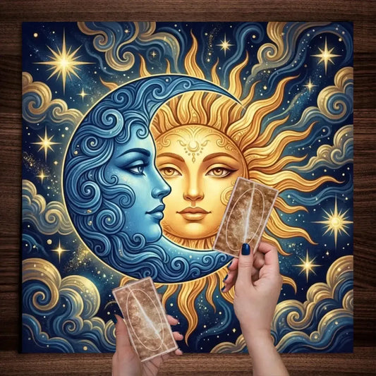 Blue gold celestial sun moon face tarot altar cloth – Pagan boho witchy divination mat