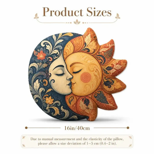 Size guide showing 16 inch / 40 cm: decorative plush pillow featuring sun and moon face eclipse artwork