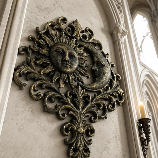 Sun moon face plaque – carved celestial face detail close-up