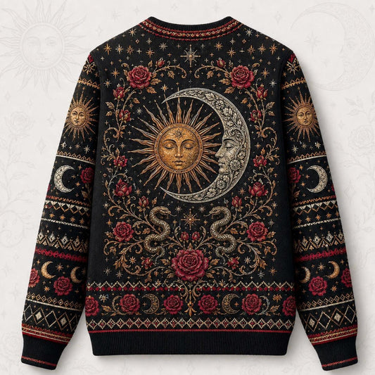 Sun And Moon Lovers Sweater Rose Serpent Red Gold Knit back view
