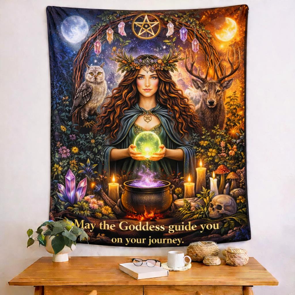 Pagan Goddess tapestry with spirit animals, sun, moon, crystals, and "May the Goddess guide you" text.