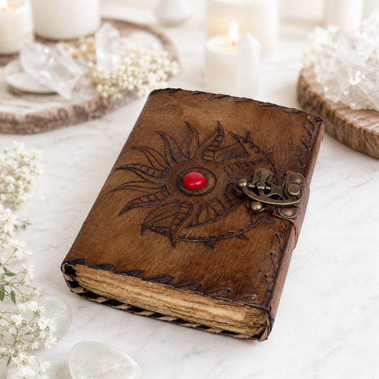 Sun Moon Stone Leather Journal – Handmade Pagan Grimoire Book of Shadows – leather journal, back cover view