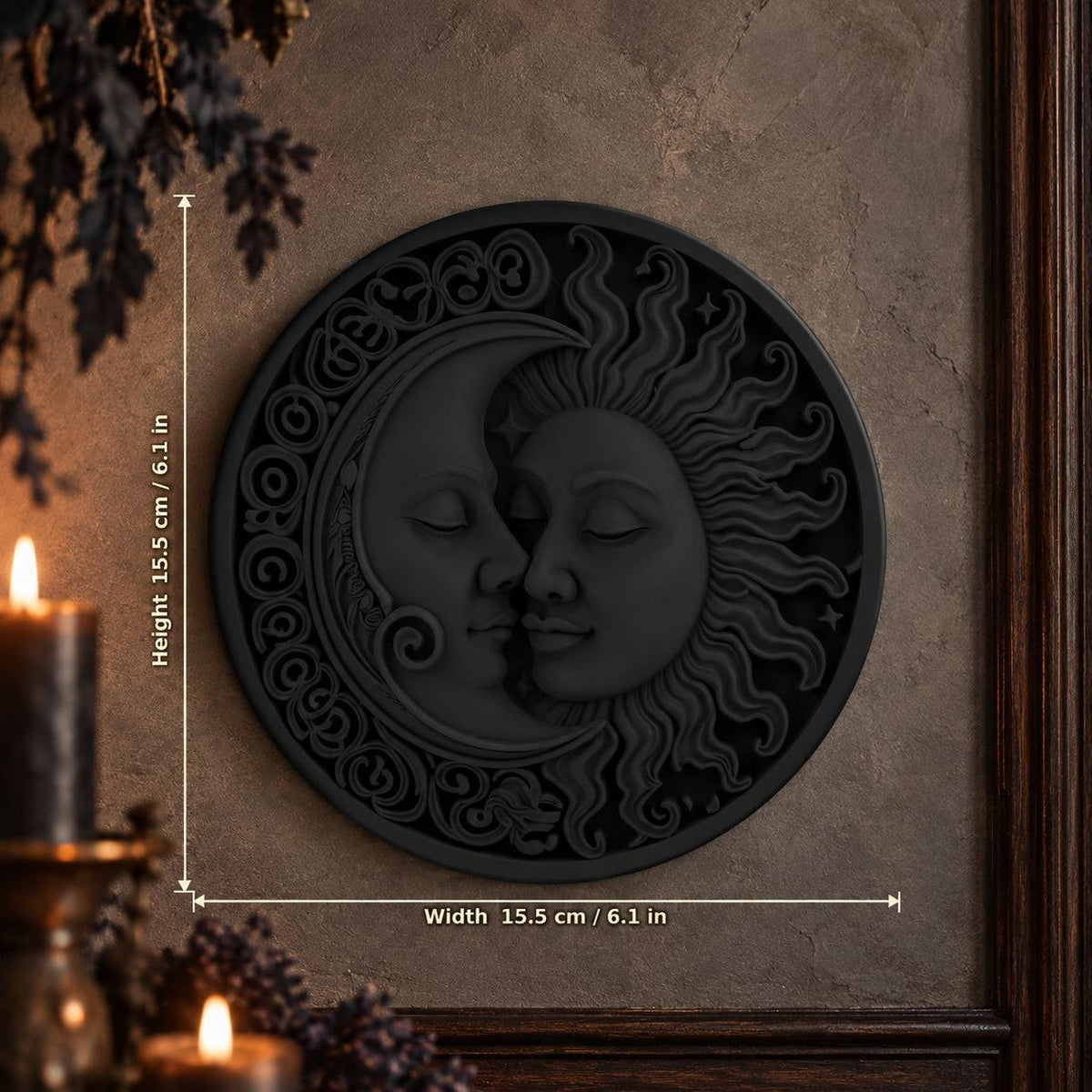 Sun and moon plaque size guide showing 15.5 cm height and width against a gothic wall