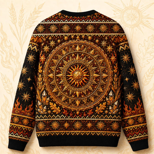 Sun Wheel Sweater Gold Mandala Litha Solstice Fire Knit back view
