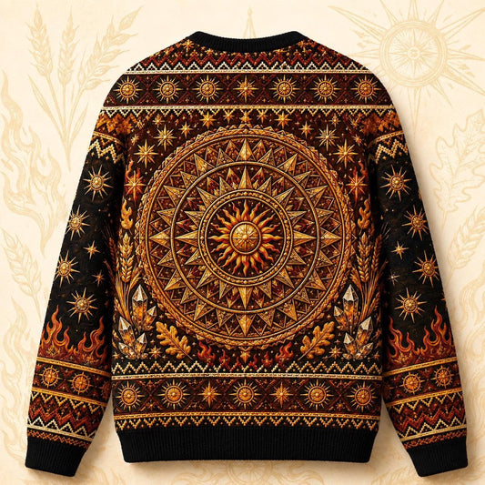 Sun Wheel Sweater Gold Mandala Litha Solstice Fire Knit back view