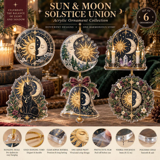Sun and Moon Celestial Acrylic Ornament Set โ Solstice Yule Decor โ ornament size and details