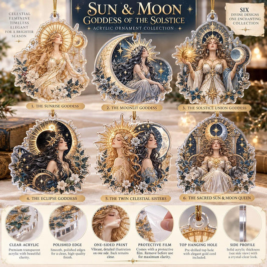 Sun and Moon Goddess Acrylic Ornament Set – Celestial Solstice Decor – ornament size and details