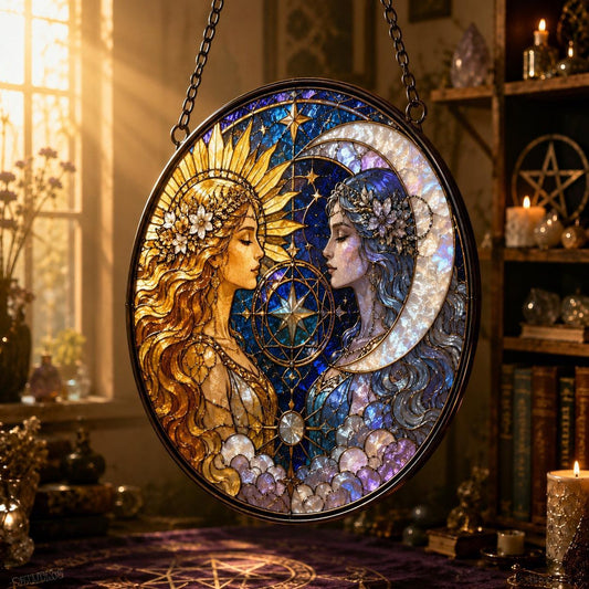 Sun and Moon Goddess Glass Suncatcher - hanging view