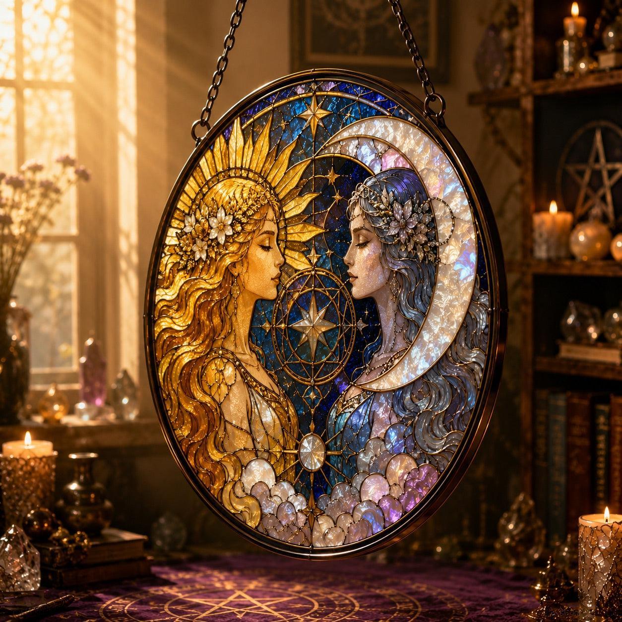 Sun and Moon Goddess Glass Suncatcher - close up detail
