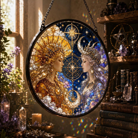 Sun and Moon Goddess Glass Suncatcher - hanging view