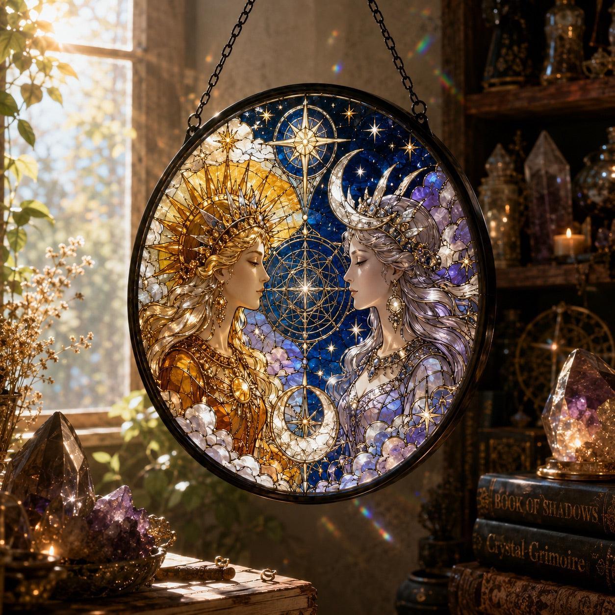 Sun and Moon Goddess Glass Suncatcher - close up detail