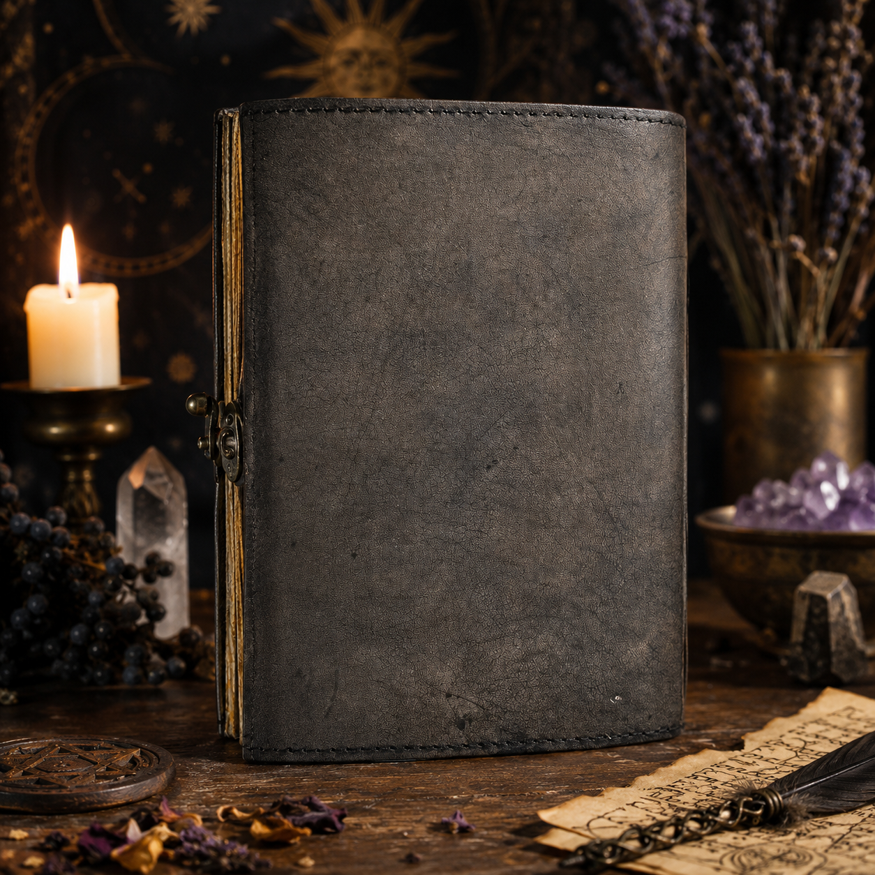 Sun and moon stone inlay leather journal – handmade celestial grimoire notebook, natural stone, view 4
