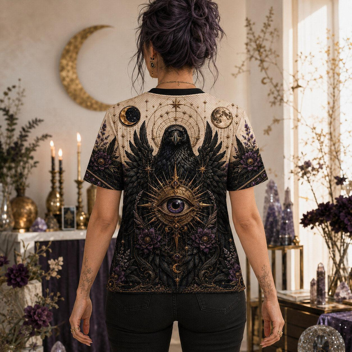 Tarot Raven Witch T-Shirt All Seeing Eye Parchment Gothic Tee worn, back view