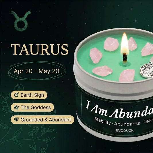 Taurus Zodiac Candle, Apr 20 to May 20, with rose quartz crystals in wax - Earth Sign, The Goddess, Grounded and Abundant