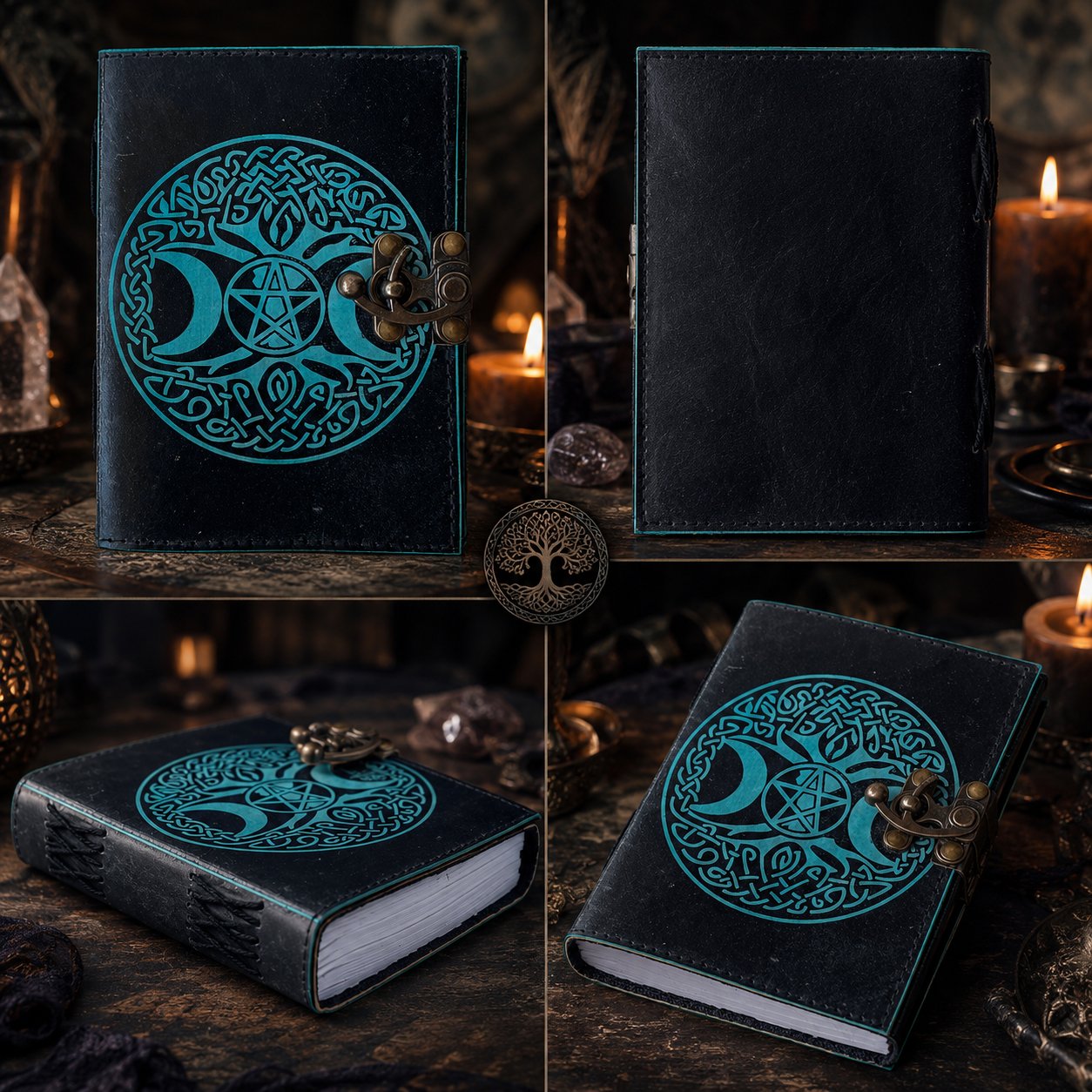Third Eye Triple Moon Leather Journal – Antique Handmade Witch Grimoire Soft Cover – leather journal, close-up cover detail