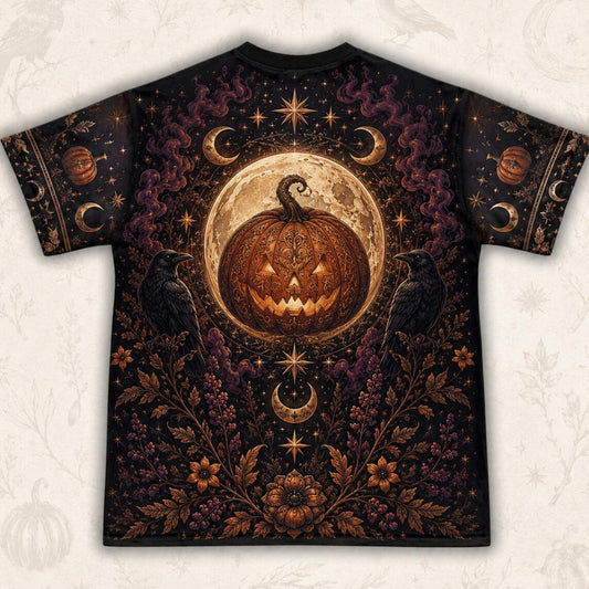Three Witches Pumpkin T-Shirt Harvest Moon Raven Samhain Tee back view