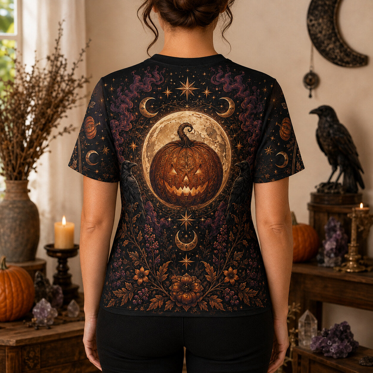 Three Witches Pumpkin T-Shirt Harvest Moon Raven Samhain Tee worn, back view