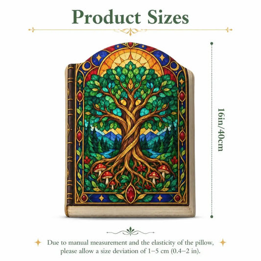 Size guide showing 16 inch / 40 cm: decorative plush pillow featuring Tree of Life artwork with a stained-glass effect