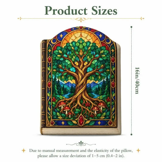 Size guide showing 16 inch / 40 cm: decorative plush pillow featuring Tree of Life artwork with a stained-glass effect